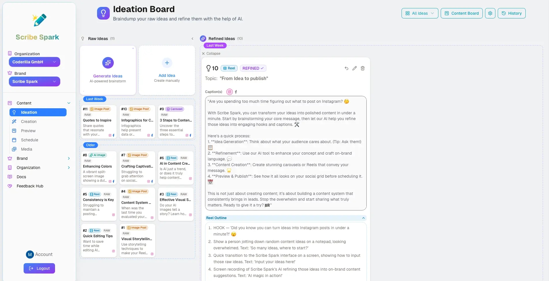 AI content ideation tool generating social media post ideas for Instagram