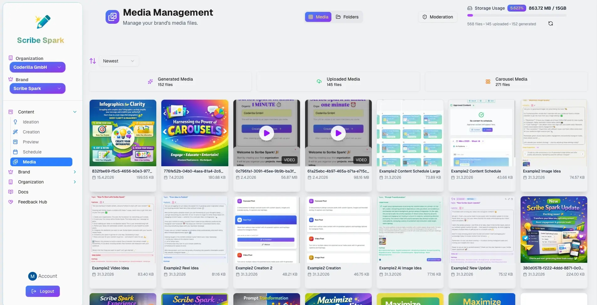 Media library for social media with folder organization and instant search
