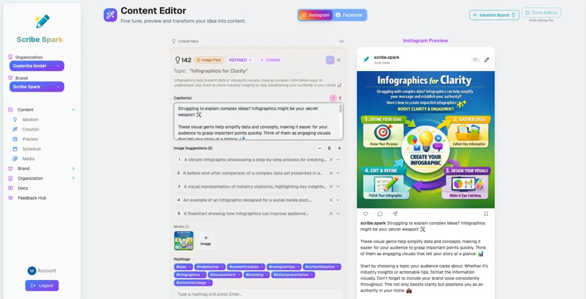 AI caption generator creating Instagram captions with hashtag suggestions