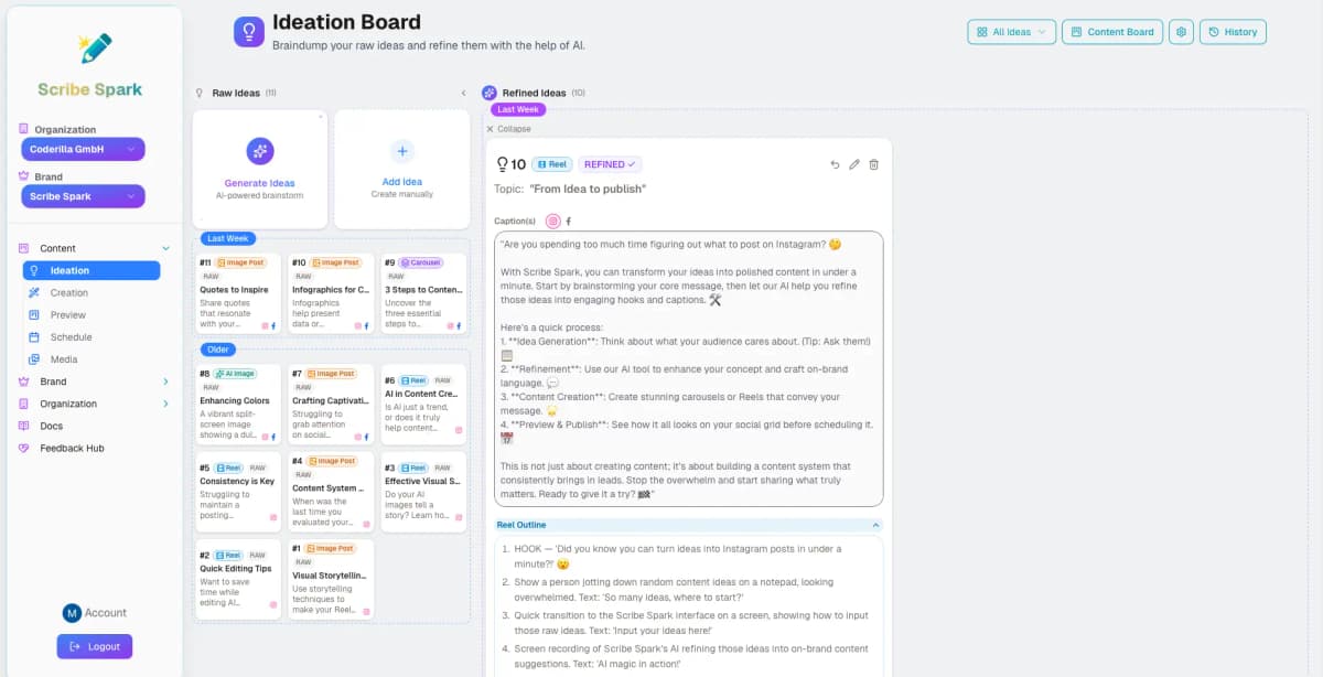 AI content ideation tool generating Instagram post ideas and reel concepts