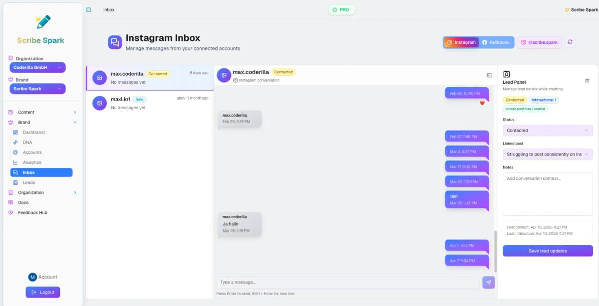 Unified social media messaging inbox for Instagram and Facebook DMs